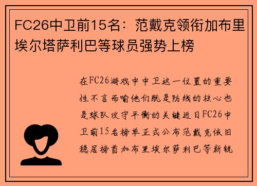 FC26中卫前15名：范戴克领衔加布里埃尔塔萨利巴等球员强势上榜